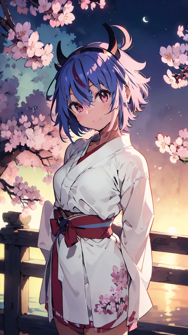 masterpiece, Highest quality, High resolution, Very detailed,(((Mikoto Naruka))), (((smile)))、(((Standing in the distance))), (((yukata))), (((night))), (((cherry blossoms))), (((full moon))), (((Multicolored Hair))), (((horn))), (((Pink Eyes)))
