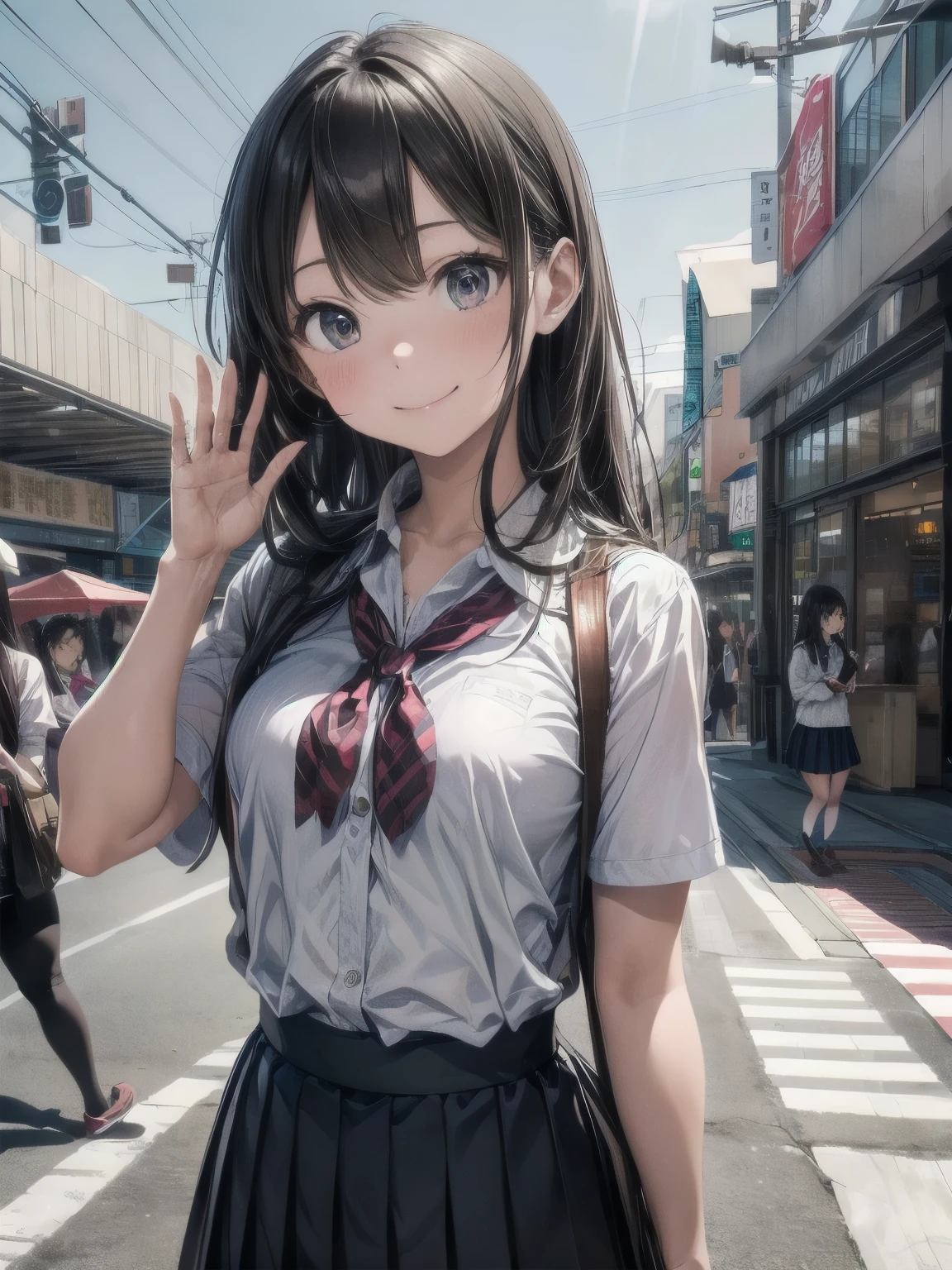 Very beautiful girl, Look here, wave hands, smile, High school girls uniform, Checkered pleated skirt, Shopping mall in front of the station, after school