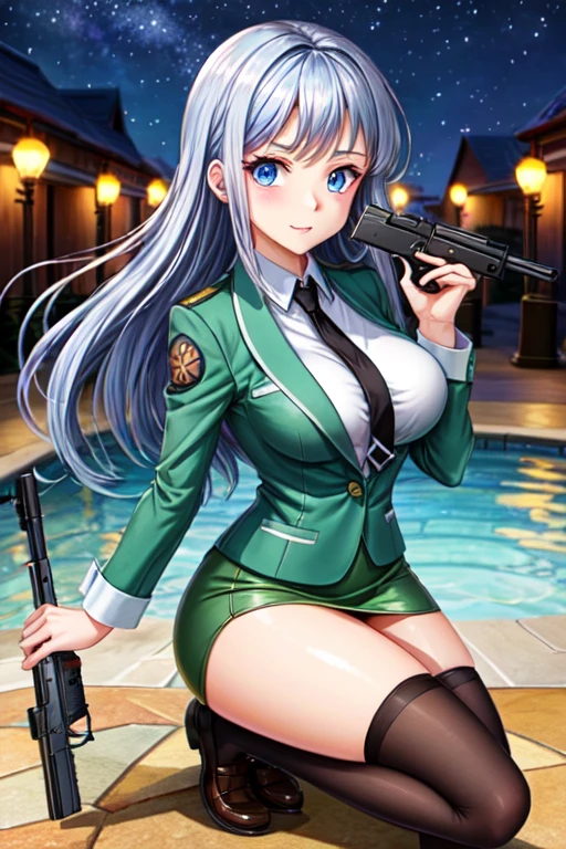 Highest quality、Ultra HD、One Woman、(Silver long hair 1.3)、(Green Blazer 1.3)、(White tight mini skirt 1.3)、(Black tie)、(Black Loafers 1.1)、((Shoot a gun 1.2))、(Large Breasts)、(Thighs)、(Black knee-high socks 1.2)、(Beautiful face with sharp eyes 1.2)、40-year-old woman、Slender body、(Night School Background 1.2)、((Clear and beautiful touch))