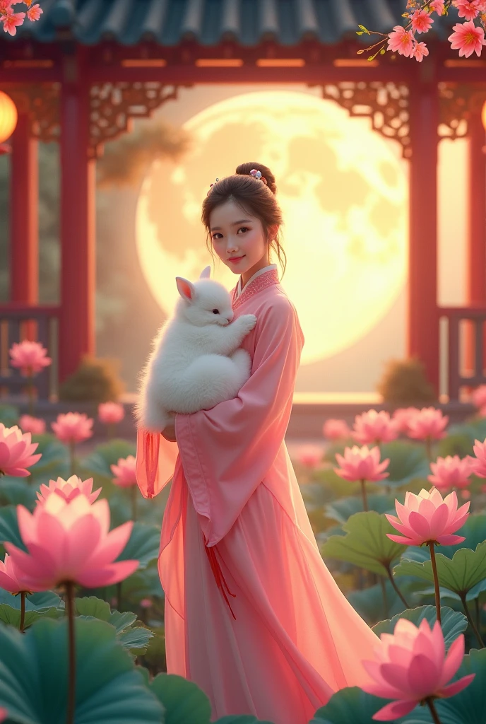 A beautiful young woman in a flowing pink hanfu stands gracefully in a tranquil garden, bathed in the warm glow of paper lanterns and a full harvest moon. She gently cradles a fluffy white rabbit in her arms, her expression a mix of tenderness and joy. The garden is alive with vibrant pink lotus blossoms, their delicate petals illuminated by the soft light. A traditional Chinese pavilion with ornate red pillars peeks out from behind her, adding to the serene ambiance. The scene captures the magic and beauty of the Mid-Autumn Festival, a time for celebrating harvest, family, and the wonders of nature.