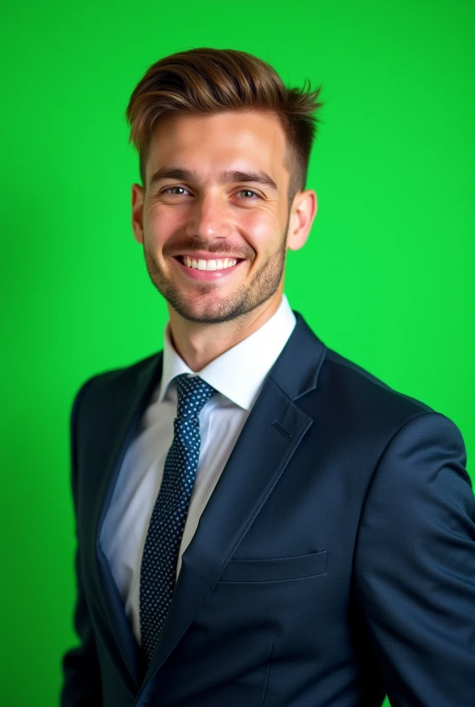 A portrait of a person wearing a suit, green screen background, young man with brown hair smiling