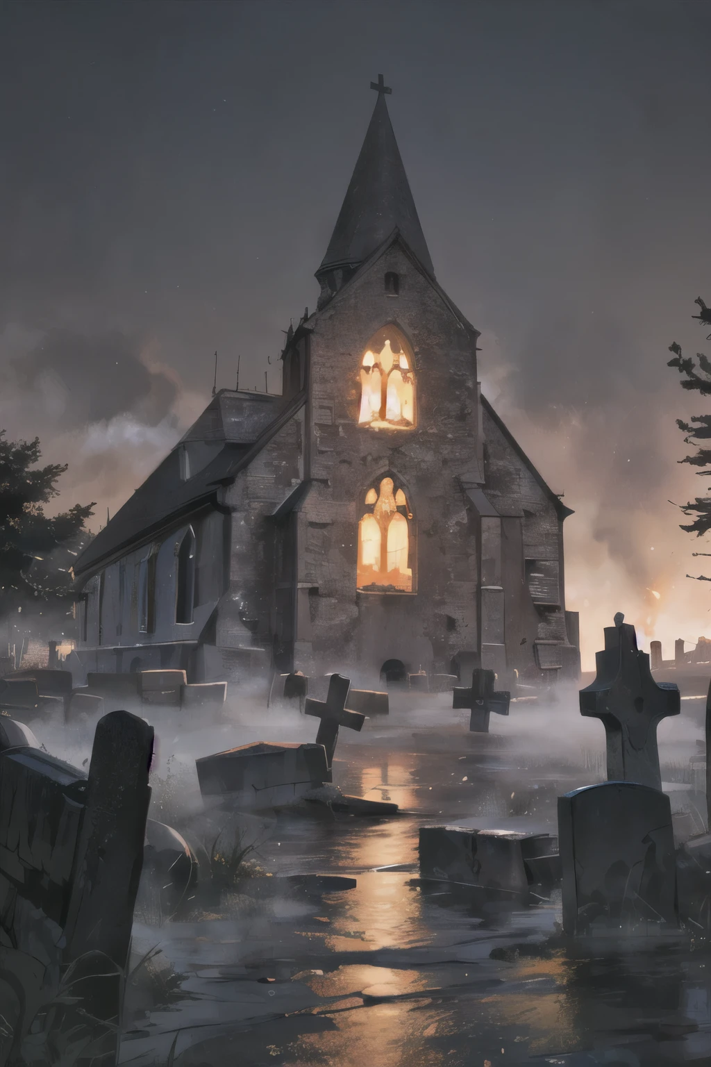 ((masterpiece)), (Highest quality), Official Art, Very detailedCG, unity 8k wallpaper, Super detailed, Very detailed, Detailed Background,
Edobchurch墓地不気味な夜, church, burning church, inflammation, Grave, Black Sky, In the Dark, ,  