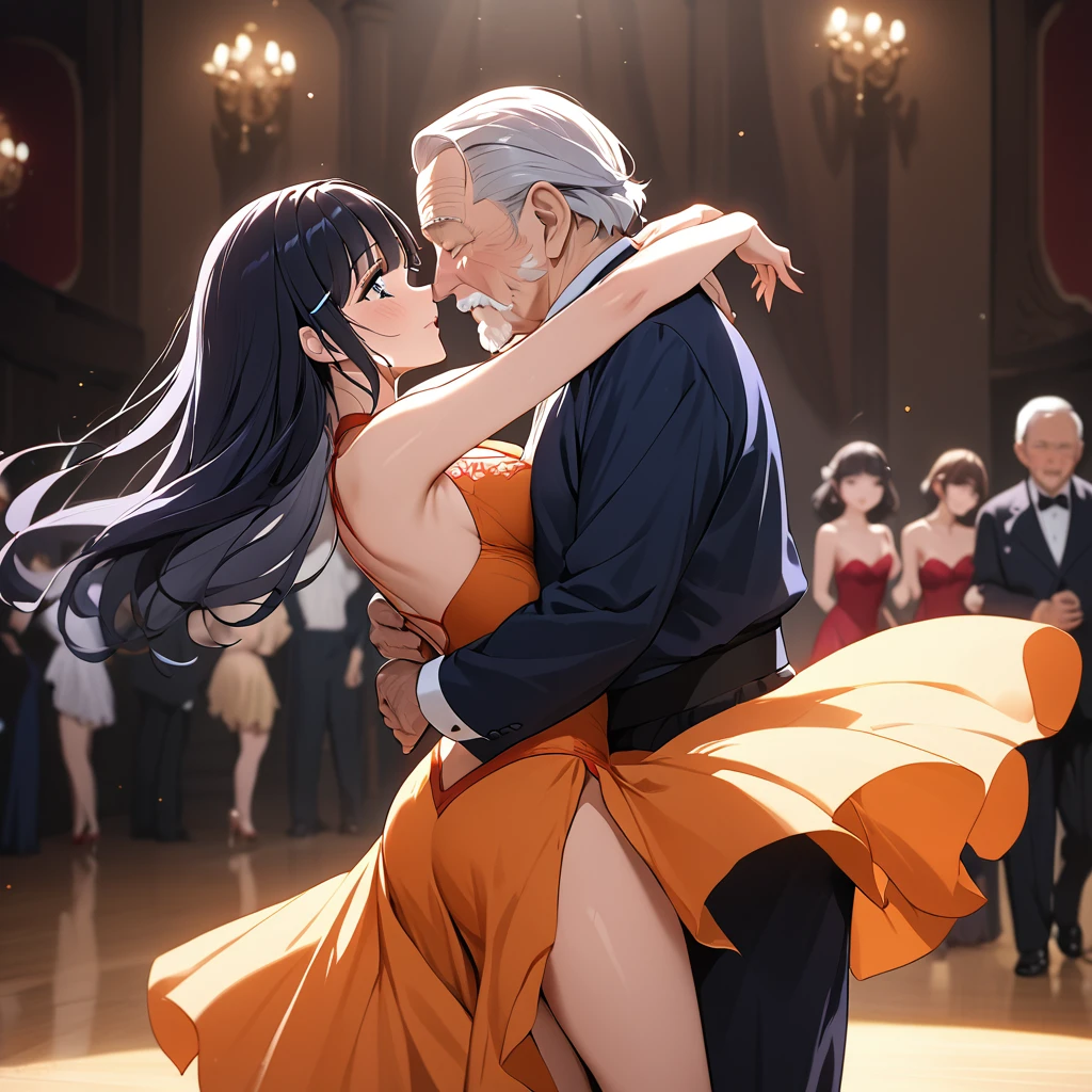 ((Highest quality)), ((masterpiece)), (detailed), (Perfect Face)、The woman is Reika Aoki with semi-long hair、The woman is wearing a beautiful, gorgeous tango costume and is dancing tango passionately while kissing an old man.