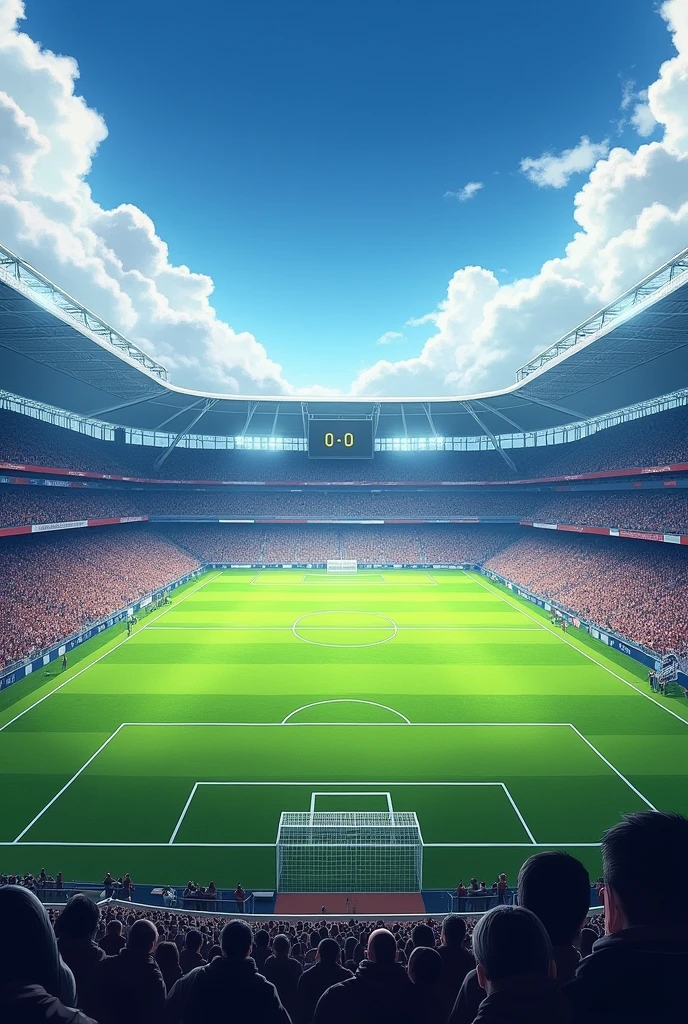 Create a football field with full stands and the scoreboard at zero but without the players
