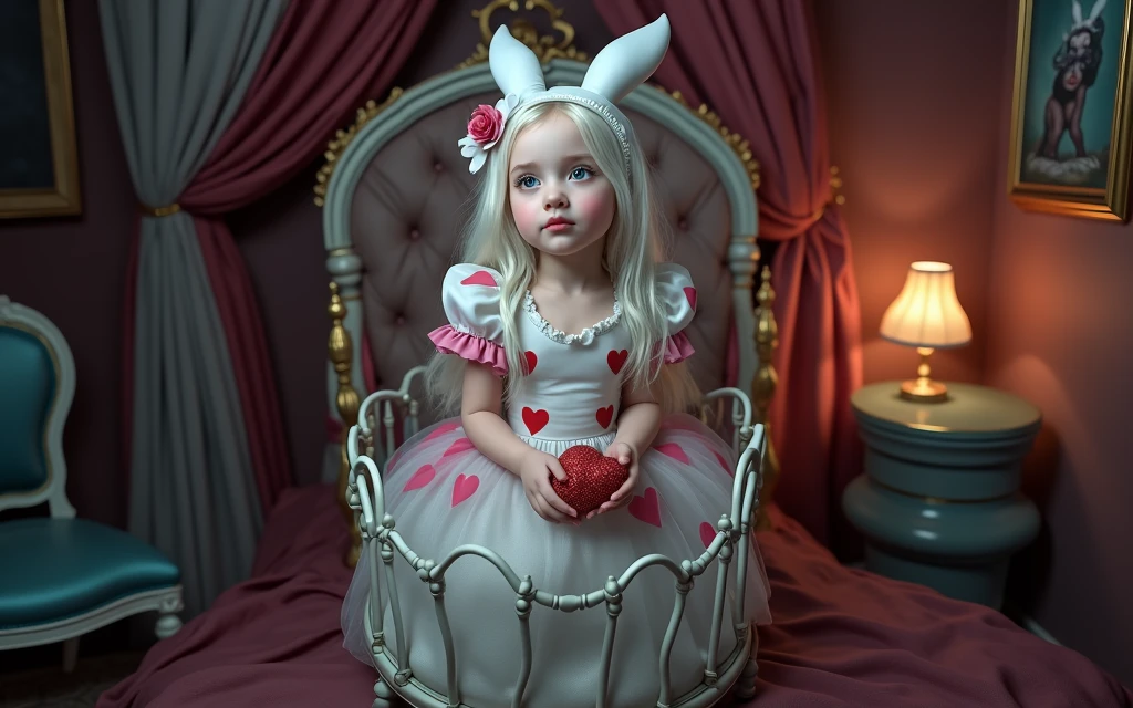 a toddler queen of hearts,girl in a cradle,in a bedroom,beautiful detailed eyes,extremely detailed face,long eyelashes,porcelain skin,pink dress,hearts pattern,glowing light,soft lighting,beautiful interior,ornate decor,dreamlike quality,(best quality,8k,highres,masterpiece:1.2),ultra-detailed,(realistic,photorealistic,photo-realistic:1.37),vibrant colors,warm color palette,chiaroscuro lighting