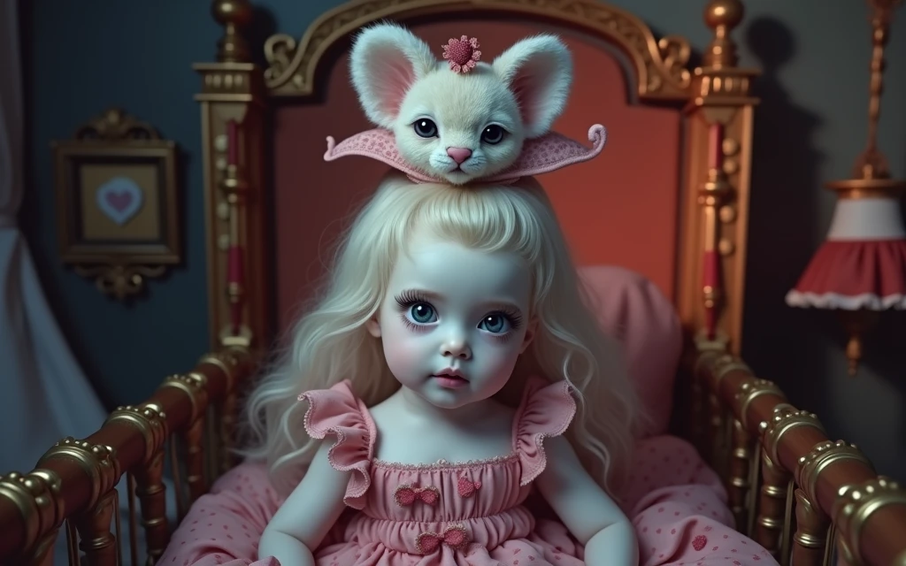 a toddler queen of hearts,girl in a cradle,in a bedroom,beautiful detailed eyes,extremely detailed face,long eyelashes,porcelain skin,pink dress,hearts pattern,glowing light,soft lighting,beautiful interior,ornate decor,dreamlike quality,(best quality,8k,highres,masterpiece:1.2),ultra-detailed,(realistic,photorealistic,photo-realistic:1.37),vibrant colors,warm color palette,chiaroscuro lighting