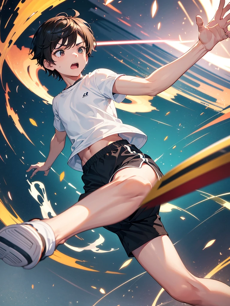 A young boy, wearing a simple t-shirt and shorts, is mid-air in the motion of delivering a powerful kick. His body is leaning forward as his extended leg is aimed straight at the screen, making it seem like he's about to break through it. His expression is determined, with a dynamic action background that emphasizes the impact as if the screen is about to be hit by his kick, bottom shot