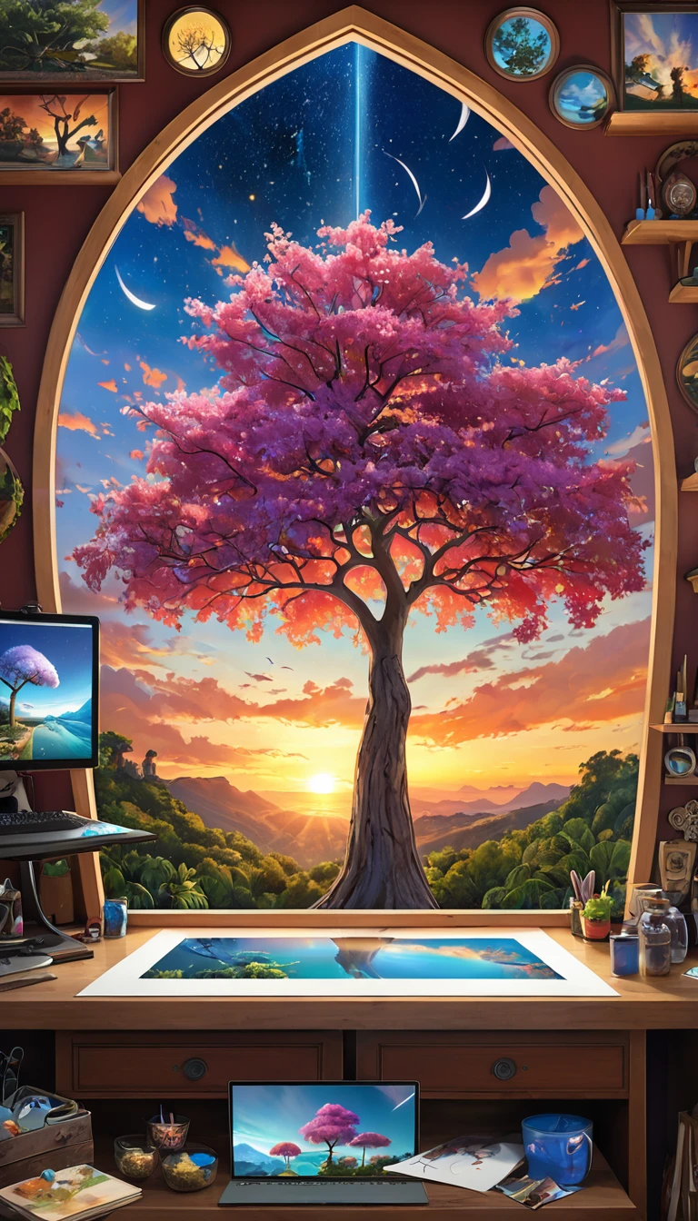Neutral color, protect, matte painting, piece of glass, Broken glass effect, Vivid bright colors, natural light, Iwona Lifsches and Catherina Abel Figurative Art : Lovely digital artwork in the style of Andy Kehoe and Jasmine 3 Griffith, Color sketch tree. Colorful leaves on the tree, sunset, starry sky, white clouds, extreme enlargement, Fantasy Realism, attractive, HDR, very detailed photorealistic 3d digital art, , Acai Miki Macro Photo, enlargement, very detailed, art station trend, sharp focus, studio photography, intricate details, very detailed, Greg Rutkowski(Greg Rutkowski), occult