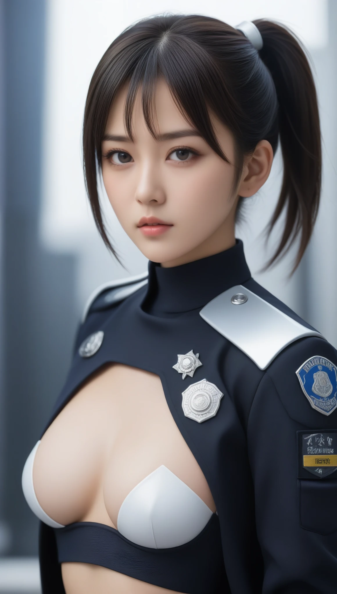 8k, Ultra-high resolution, Highest quality, masterpiece, 三分割法によるphotograph,Surreal, photograph, 1 , (:1.3), cute, cute顔, 細部までBeautiful Eyes, 細かくdetailedに,masterpiece,One Girl:1.2,Japanese women,Policewoman,upper body,glaring,Black short hair,Ponytail,ID photo,(Police officer of the future:1.3),cyber punk,Future City,white collar,((Fusion of humans and androids))(Beautiful attention to detail),Subtle details, detailedな顔,anger,Attractive eyes,(ポートレートphotograph:1.4),(Photorealistic images:1.4),Fantasy art,(Beautiful Face:1.4),美しくAttractive eyes、Beautiful Eyes,Silver residue,(Tight waist:1.4)、(Beautiful with perfect body proportions:1.4),Pink Lips,profile,(((Ideal body type))),A-cup small breasts :2,、Portraiture:2、Perfect Anatomy、鮮明なdetailed、detailed,Fashion magazine cover,Thin lips,完璧でBeautiful Face ,完璧でcute顔, Skin with attention to detail, Perfect limbs、Narrow waist,Surreal,Light and shadow,spotlight