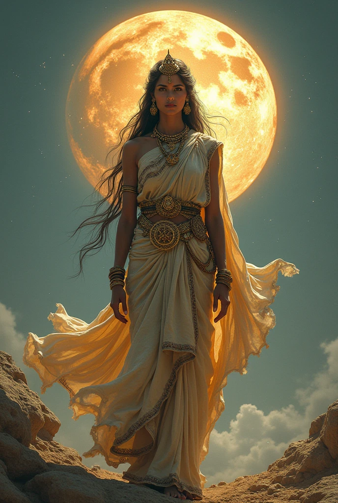 Prithvi Devi: The Earth Goddess in Hinduism and full of indian woman pure saree with earth at her back watching front