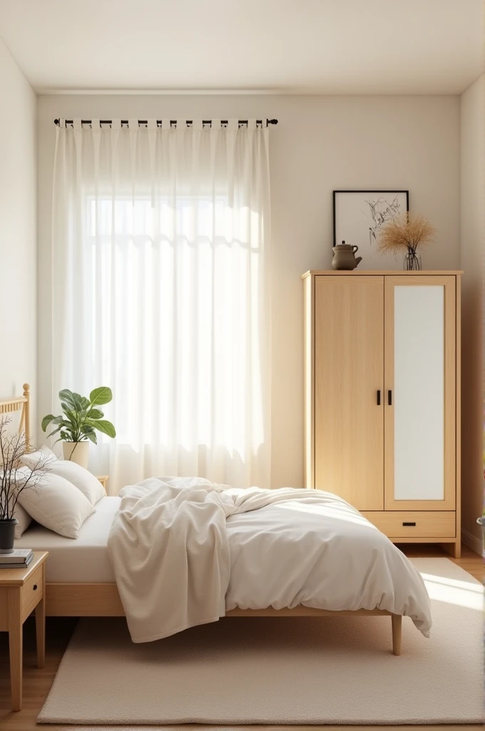 Une chambre lumineuse avec un lit double et une armoire en face en bois clair et avec un miroir 