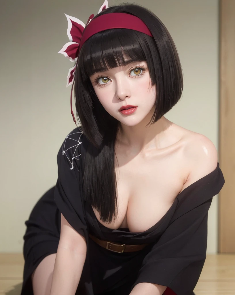 First Person View, (masterpiece:1.3), High resolution, Very detailed, Very detailed CG Unity 8k wallpaper, Realistic, photo-Realistic, RAW Photos, Beautifully detailed face, Pale skin, Realistic glistening skin, Detailed cloth texture, Detailed hair texture, Perfect body, Beautiful Face, Accurate, Anatomically correct, Highly detailed face そして skin texture, Natural neck length, (Beautiful Hそしてs), (Fair skin:1.2), Thin legs, Thin legs, Good teeth alignment, 
break, 
fine grain, Symmetrical eyes, Bright Blue Eyes, double eyelid, Thin eyebrows, (Glossy Lips:1.5), (Sleepy face:1.2), (blush:1.3), (makeup:1.3), (yellow eyes:1.3),
break, 
(elegantでキュート:1.3), elegant、Toned Abs, Beautiful clavicle, 
(Black Hair, Straight hair, short hair:1.2), ((Asymmetrical bangs:1.2)), 
break, 
View your audience, from the front,topless, (Accentuate your breasts:1.3), (all fours:1.3), (kimono, hairband, black gloves, hair ornament, hair bow:1.2),