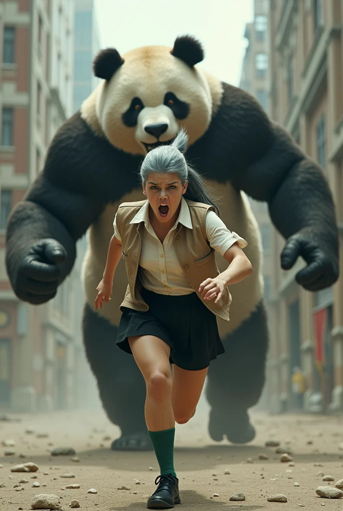 ((Highest quality)), ((Grey pigeon-headed woman screams)), (Angry Giant Panda), A giant panda carrying a refrigerator in both hands chases after you., A woman with a grey pigeon head is running as fast as she can to escape a giant panda, A grey pigeon-headed woman is wearing an off-white collared short-sleeved shirt, a light brown vest, a knee-length black skirt, dark green socks and black shoes., Muscular grey pigeon-headed woman, Photorealistic images,