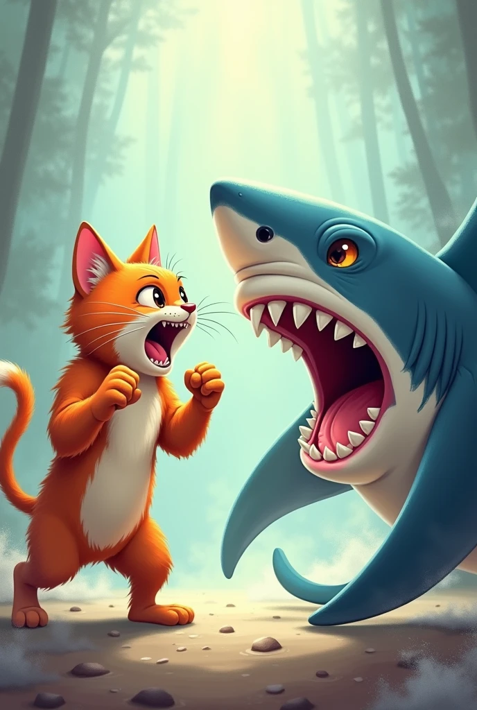 The image shows a cat and a shark in a playful interaction. The cat is flexing its muscles and yelling, while the shark is displaying its teeth.