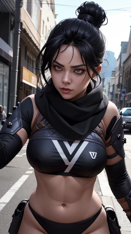 Foto de corpo inteiro, (Highly detailed CG Unity 8k wallpaper),(masterpiece), (highest quality), (super detailed), (Best Illustration),(best shadow), Wraith apex legends, pretty face focus, Masterpiece artwork, best qualityer, kissshotms, 1 girl, natta, Efeito de Luz, Masterpiece artwork, best qualityer, 1 girl,  bikini, mature woman, breasts big, 8k, UHF, (abdomen, )muscular woman, Waist slender, detailedeyes, FGO1, 1stClothing, 1 girl, solo, hair bun simples, hair bun, scarf, sultry posing, Bblack hair, black scarf, blue colored eyes, bangss, bangss distributed, Hair behind the ear, mitts, piercing no nariz, mitts pretas