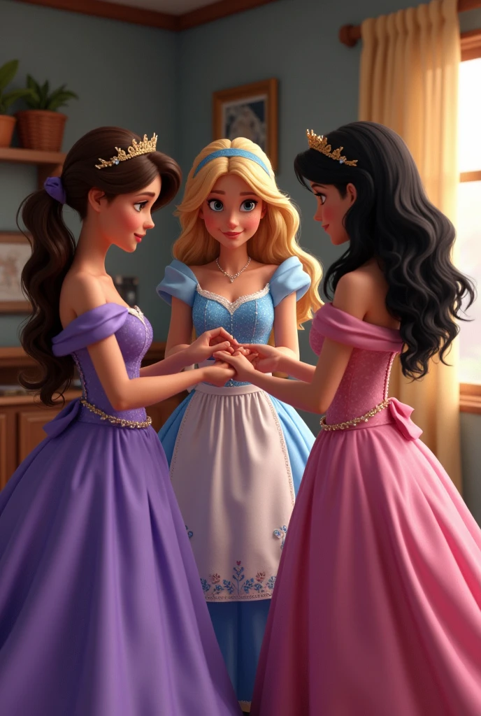 Ciderella helping her sisters arrange their dresses for the ball . Cinderella with blonde hair and an apron , black and brown haired sisters with purple and pink dresses as realistic shaped people 