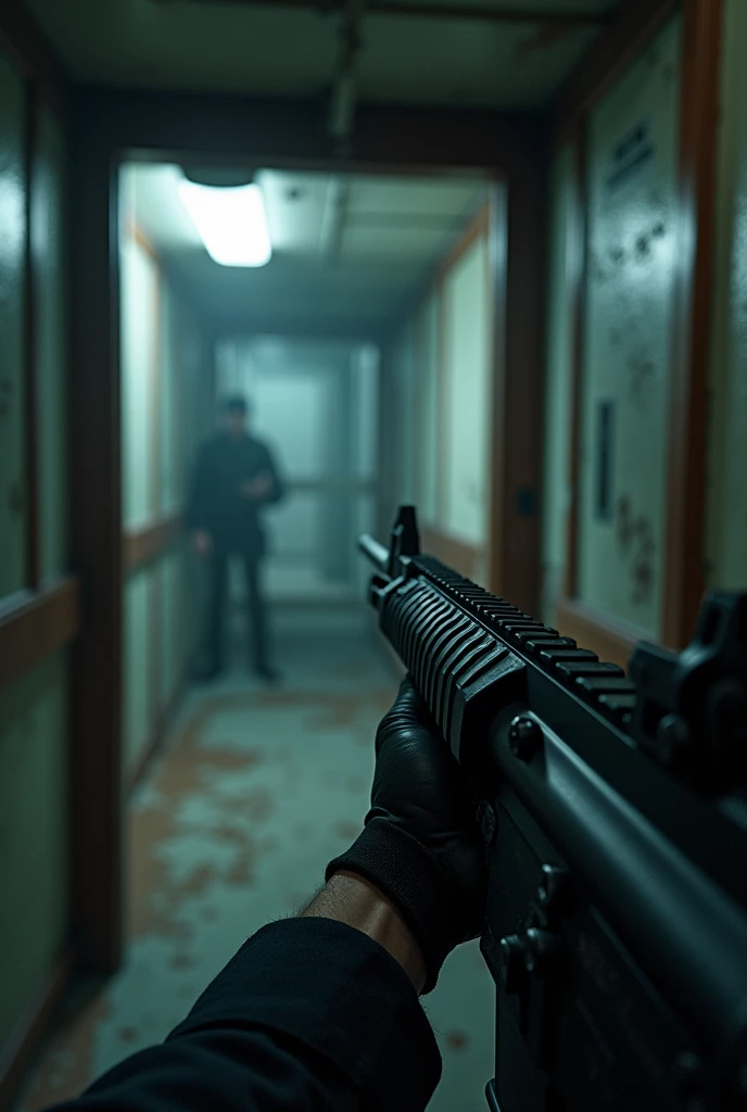 Abandoned cruise ship view from inside, FIRST PERSON POINT OF POINT Police officer only arms visible with an m4 in his hands, finds survivor he was looking for