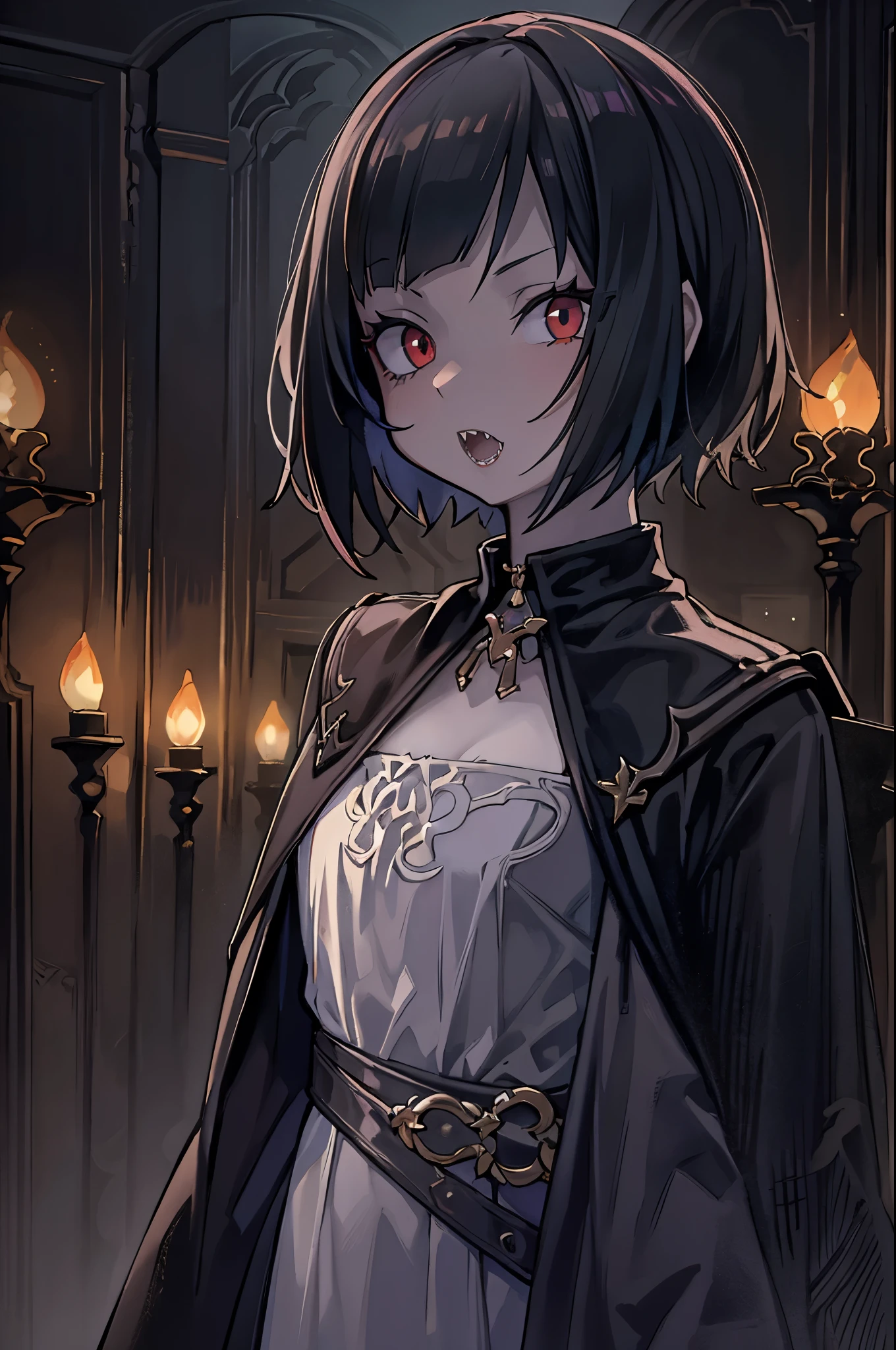 (high quality: 1.3), Cinematic shots, masterpiece, (Sharp focus: 1.5), (Realistic: 1.3), Medium portrait (Beautiful young vampire woman, Pale skin, Gothic, Still proud、Brave, Straight black short bob hair, Dark look, Wearing a very finely crafted dark tunic, Dark atmosphere, but、Sculpting shapes with sharp chiaroscuro), It&#39;s night, (Highly detailed skin), (Detailed face),  Detailed Background, Dim lighting, dusk lighting, Volumetric lighting, Intricate details, Ultra-high resolution,