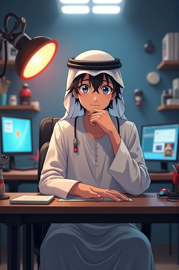 Mecca anime character who is smart sitting in YouTube studio