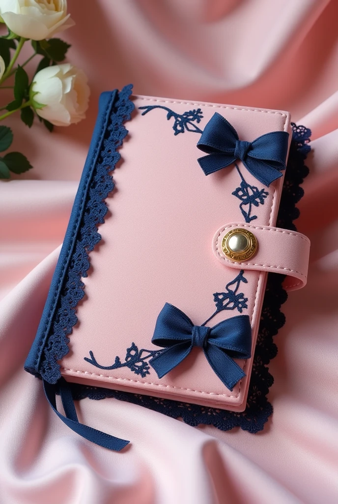 A coquette navy blue and baby pink diary. Velvet is the fabric in baby pink colour (the base) and the rest decor is in navy blue, it has lace and ruffles and bows. Create a cute one, a better one