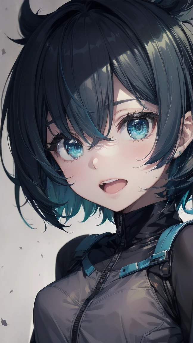 Close-up of a manga girl with blue hair and a yellow shirt, 2D Animation, 2D Animation style, 2D Art, 2D Art, 2D from Gorillaz, 2D from Gorillaz, 2D Gorillaz, Screaming Cerket, 2D Sprite, Jinx Face, short hair, Small breasts, hot pants, ((Black Hair, Inner bright blue hair:1.4)), Slanted Eyes