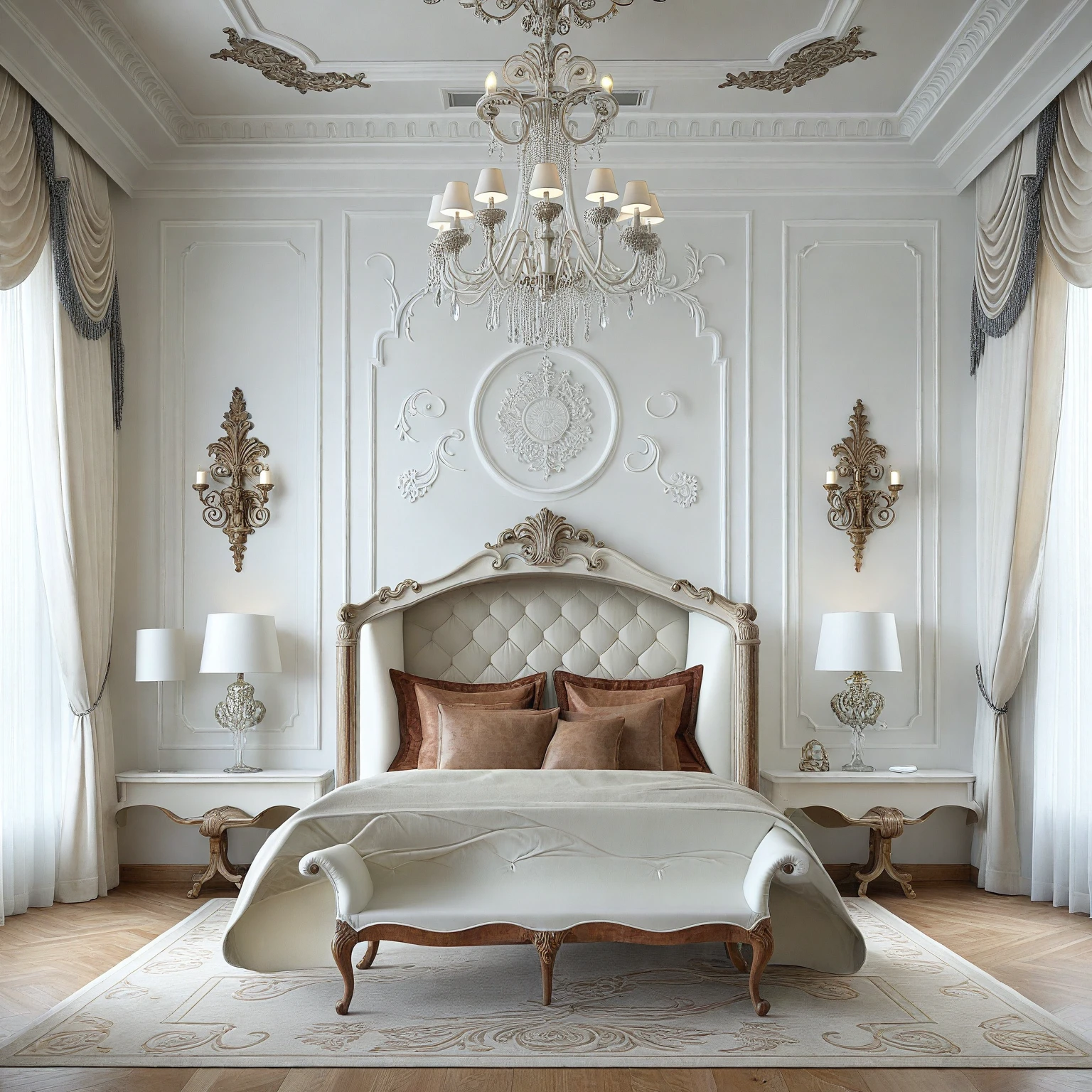 RAW photo, masterpiece, a view of a ( Bed ROOM :1.3) with a couch, chairs, and a chandelier, highly detailed interior, neo - classical style, neoclassical style, neoclassicism style, interior architect architectural visualization, neoclassical style, in style of classicism, white light sun, rendered in vray, rendered in v-ray, rendered in unreal engine 3d, (photorealistic:1.2), (photorealistic:1.5), best quality, ultra high res, architechture, (leather sofa detail:1.5), neoclassic house, (detailed railing neoclassic:1.5), luxury neoclassical villa, (mable floor details:1.5), (detailed neoclassical carpet:1.5), in the style of neoclassical scene, glass windows, best quality, (Intricate lines:1.5), ((Photorealism:1.5)),(((hyper detail:1.5))), archdaily, award winning design, (dynamic light:1.3), (day light:1.2), (perfect light:1.3), (shimering light :1.4), refection glass windows, (curved line architecture arch:1.2), photorealistic, FKAA, TXAA, RTX, SSAO, Post Processing, Post-Production, CGI, VFX, SFX, Full color,((Unreal Engine 5)), Canon EOS R5 Camera + Lens RF 45MP full-frame CMOS sensor, HDR, Realistic, Cinematic intricate detail, extreme detail, science, hyper-detail, FKAA, super detail, super realistic, crazy detail, intricate detail, nice color grading, reflected light on glass, eye-catching wall lights, unreal engine 5, octane render, cinematic, trending on artstation, High-fidelity, Viwvid, Crisp, Sharp, Bright, Stunning, ((Lifelike)), Natural, ((Eye-catching)), Illuminating, Flawless, High-quality,Sharp edge rendering, medium soft lighting, photographic render, detailed archviz, ((( BRIGHT WHITE  Tone : 3 ))), (( LIGHT NATURAL reddish-brown doussie wood ))
