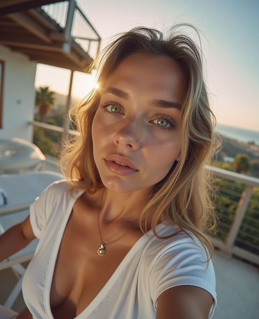 (5 mm fisheye lens) 1 woman, 23 y.o., American, Beautiful, ((upper body selfie)), Beautiful backlight, masterpiece, Best quality, ultra-detailed, only, sexy, Comfortable, clear sky, analog style (looking at viewer:1.2) (Skin texture) (film grain:1.3), (warm shade, warm tone:1.2), Close up, Cinematic light, Side lighting, Ultra-high resolutions, Best shadows, Upper half of body, Wearing sporty outfit (sports bra), Relaxed and intimate photos, Long blond hair, Outdoors, Landscapes of hotel room Ibiza, blurred background