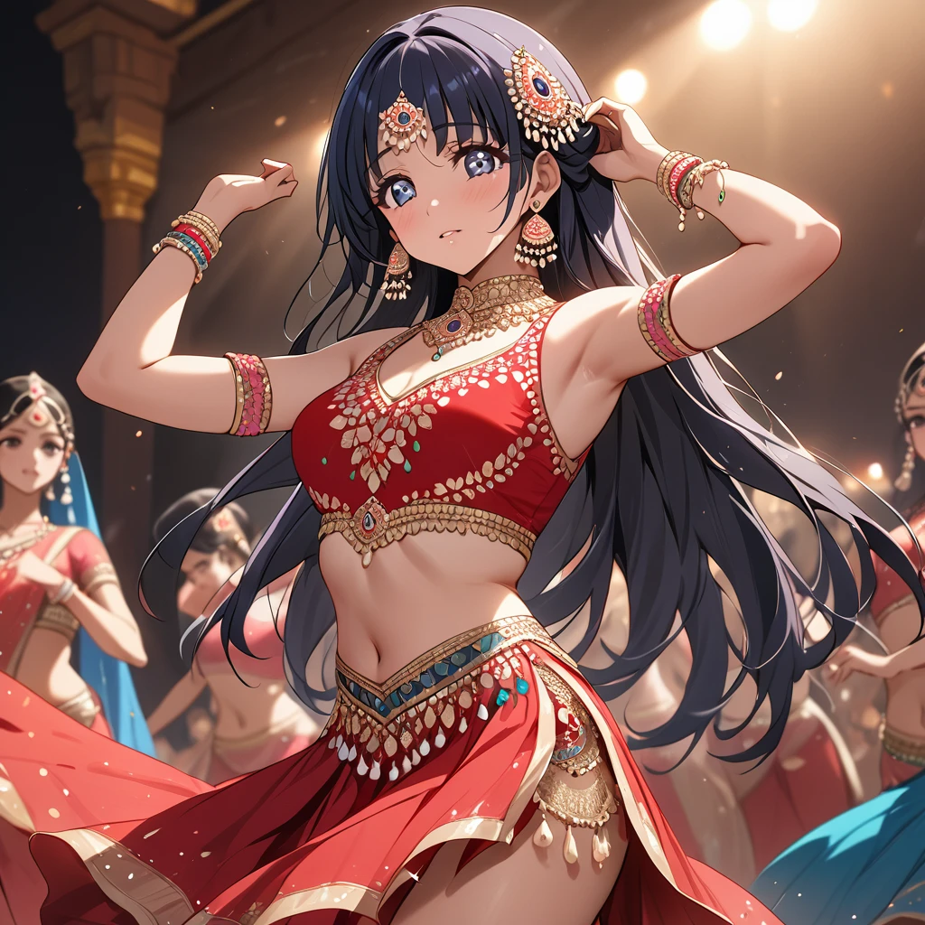 ((Highest quality)), ((masterpiece)), (detailed), (Perfect Face)、The woman is Reika Aoki, an Indian with dark skin and semi-long hair.、A woman is dancing beautifully in Bollywood dance costume in India