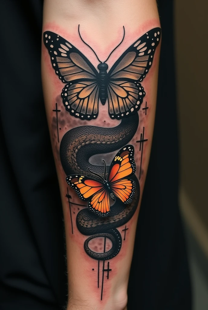 Owl snake and butterfly arm tattoo

