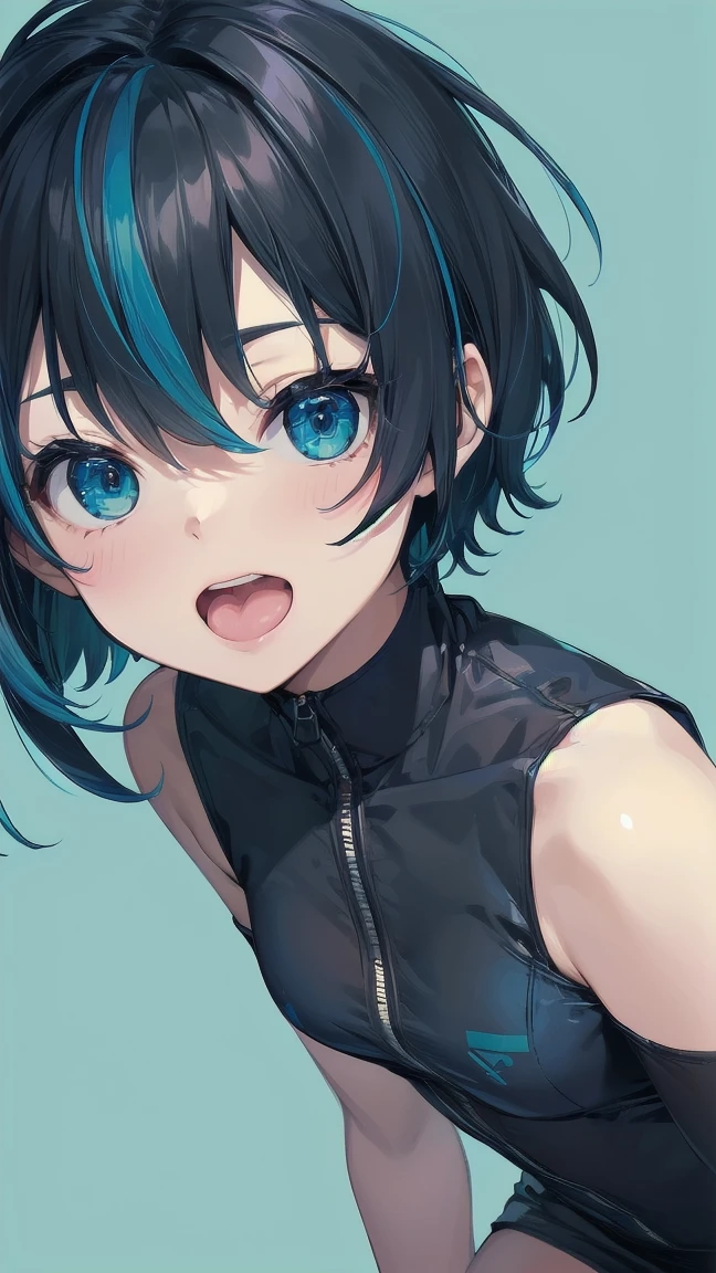 Close-up of a manga girl with blue hair and a yellow shirt, 2D Animation, 2D Animation style, 2D Art, 2D Art, 2D from Gorillaz, 2D from Gorillaz, 2D Gorillaz, Screaming Cerket, 2D Sprite, Jinx Face, short hair, Small breasts, hot pants, ((Black Hair, Inner bright blue hair:1.4))