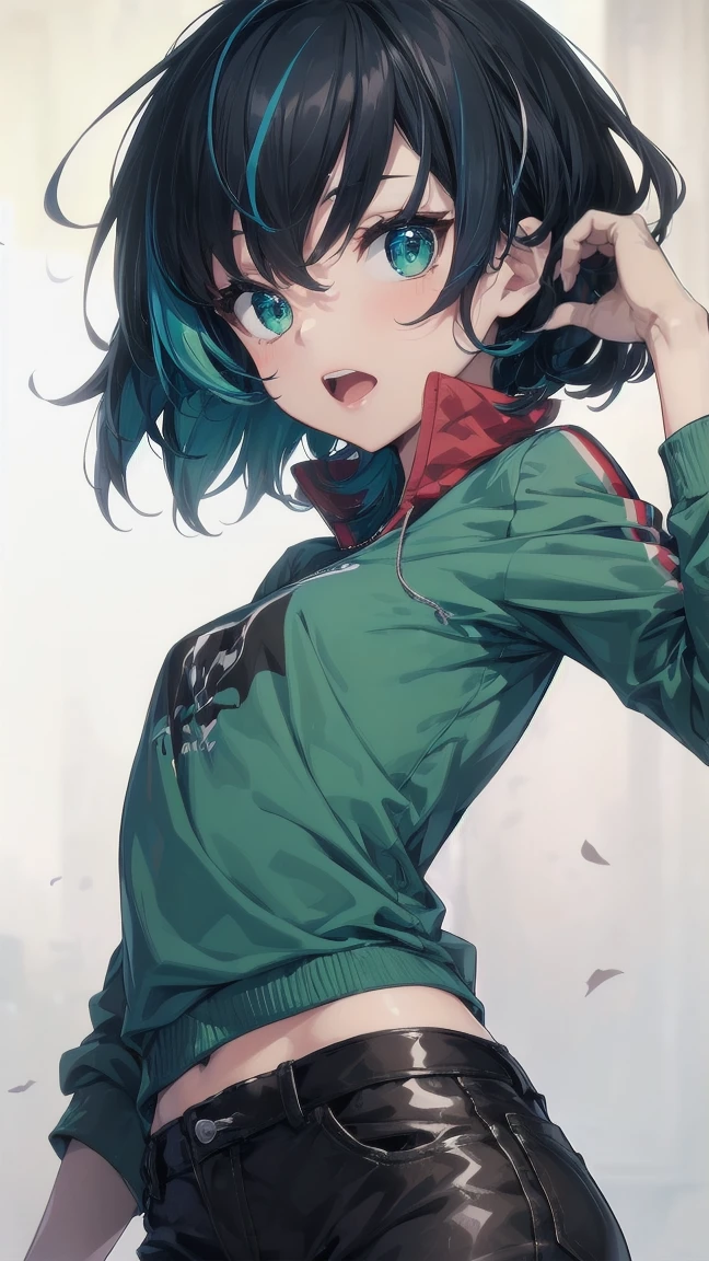 Close-up of a manga girl with blue hair and a yellow shirt, 2D Animation, 2D Animation style, 2D Art, 2D Art, 2D from Gorillaz, 2D from Gorillaz, 2D Gorillaz, Screaming Cerket, 2D Sprite, Jinx Face, short hair, Small breasts, hot pants, ((Black Hair, Inner bright blue hair:1.4))