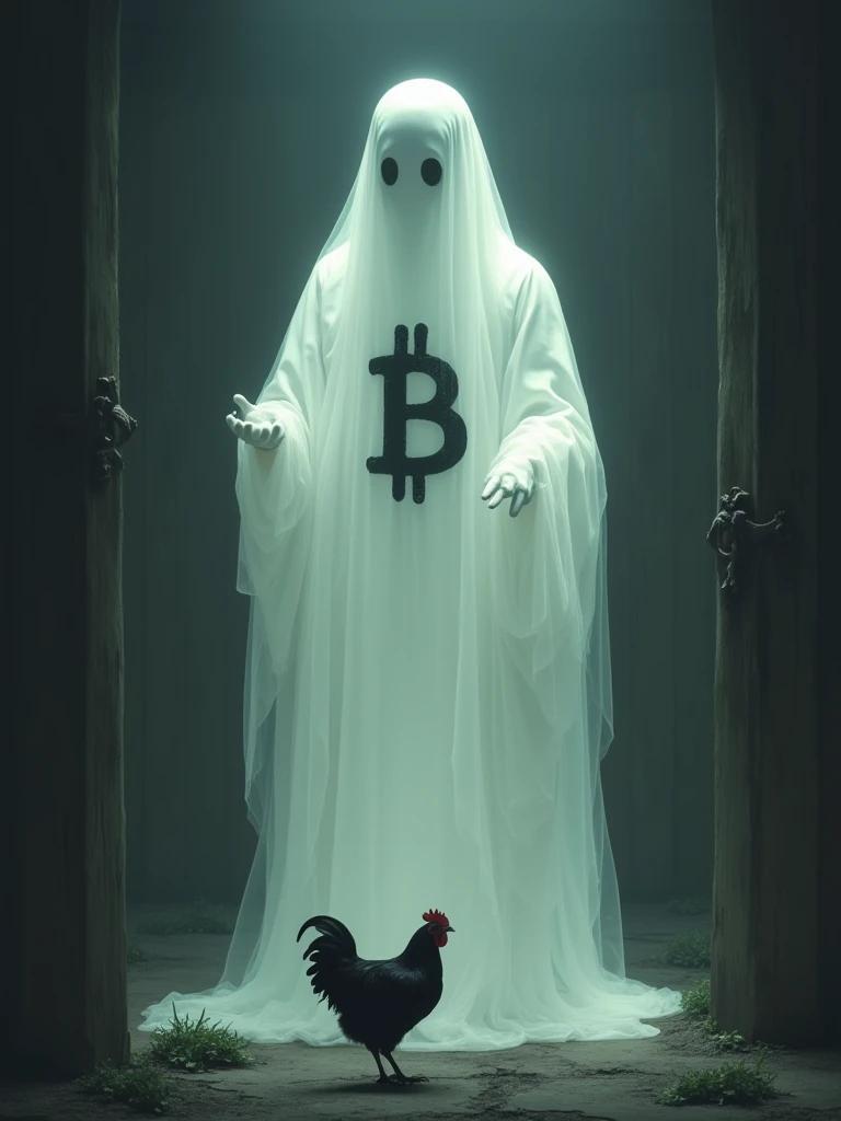 white ghost with the letter B on its chest calling a black chicken