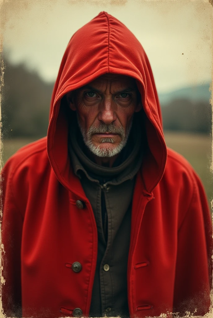 An image that imitates, including defects, the aesthetics of photographs from the 1920s/30 of an older man wearing a red hooded cloak