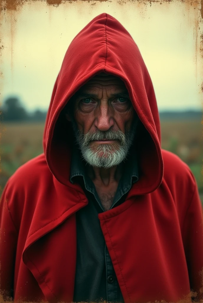 An image that imitates, including defects, the aesthetics of photographs from the 1920s/30 of an older man wearing a red hooded cloak