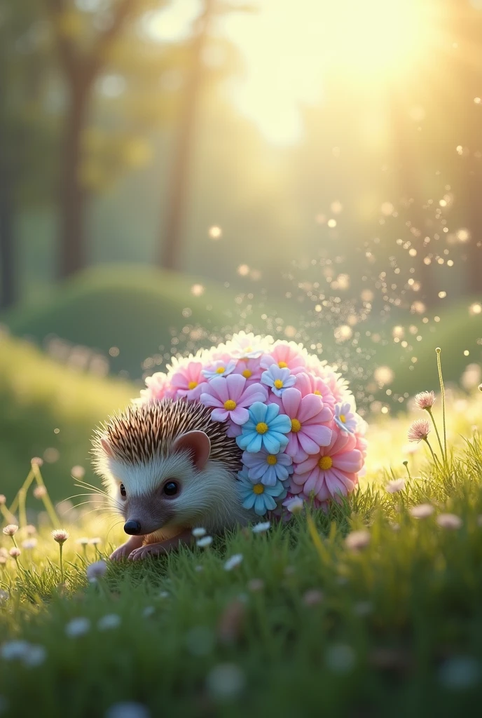 Photorealistic 4K photo of a tiny, whimsical hedgehog in an enchanted meadow. The hedgehog's quills are transformed into soft, pastel-colored feathers, giving it a magical, fairy-tale appearance. It is curled up into a ball, rolling down a hill covered in soft, marshmallow-like flowers in shades of pink, blue, and lavender. As it rolls, the flowers release a trail of sparkling, sugary dust that glitters in the air. The background is a vibrant, enchanted landscape with lush greenery, gently rolling hills, and a soft, golden light filtering through the trees. Delicate, glowing particles float through the air, adding to the magical ambiance.