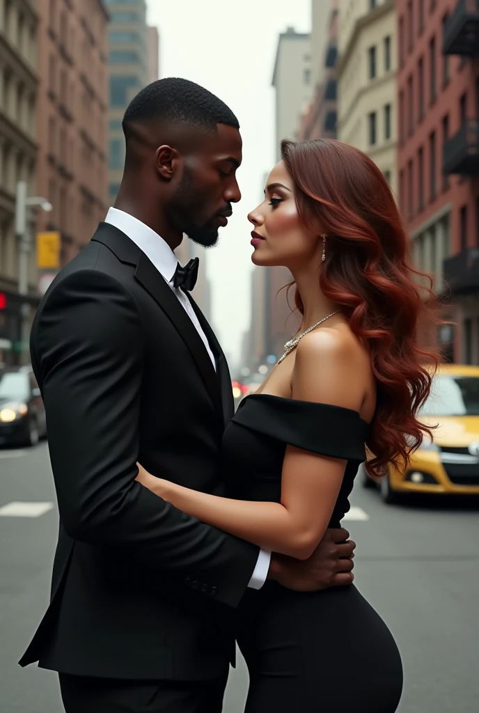 A couple formed by a young black man with fine features, straight hair cut low, thin moustache, super tall stature, thin but with a muscular body, wearing formal clothes and an extremely white woman, greeneyes, short stature, super wide body with very wide hips and huge glutes, Waist slender. Wearing a long dress with long sleeves covering her arms. Wavy hair in light brown with a hint of red. The two are in New York facing each other. 