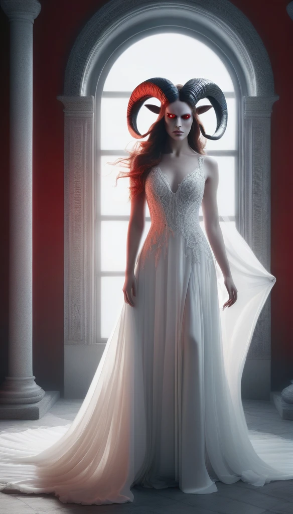 a girl in a stark white background, demoness with flowing hair, glowing red eyes, curved ram horns, sharp ears, red skin, wearing a light wedding dress, seductive, monochromatic, eerie atmosphere, (best quality,4k,8k,highres,masterpiece:1.2),ultra-detailed,(realistic,photorealistic,photo-realistic:1.37)
