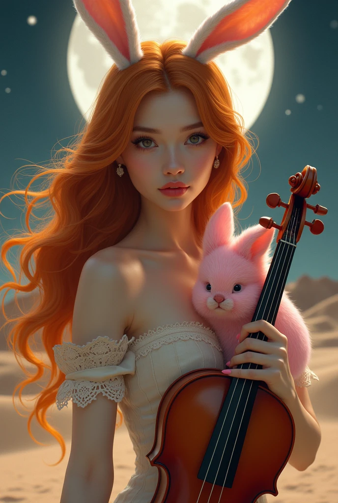 We want high quality, stunning visuals。The background depicts a moonlit desert landscape.、Give the whole background a mysterious and fantastical feel。At the center is、Beautiful like a goddess、Place a woman with a seductive smile。Her hair is a pale orange color with big waves.、It has a glossy texture、Make sure you can feel the movement。Her features are Armenian 20%and Japanese 80%Mixed race、She has the mature charm of a 2.、Describe a very beautiful and delicate face.。
She has rabbit ears on her head、The design is sophisticated and elegant.。She has a violin、The hand holding the bow is elegant.、Please depict the details of the instruments realistically.。Around the female、A life-sized pink rabbit is floating in the air, gazing at her.、The rabbit is very realistic、Give them soft fur and sparkling eyes。
The composition is a shot from diagonally above.、Make sure you maintain eye contact with the camera、Enhance your natural, radiant skin tone。Crisp and sharp focus throughout、Crisp down to the smallest detail、Finish it in gorgeous, full-color.。The whole visual、Perfect balance and beauty、Make sure you leave a strong impression on the viewer。