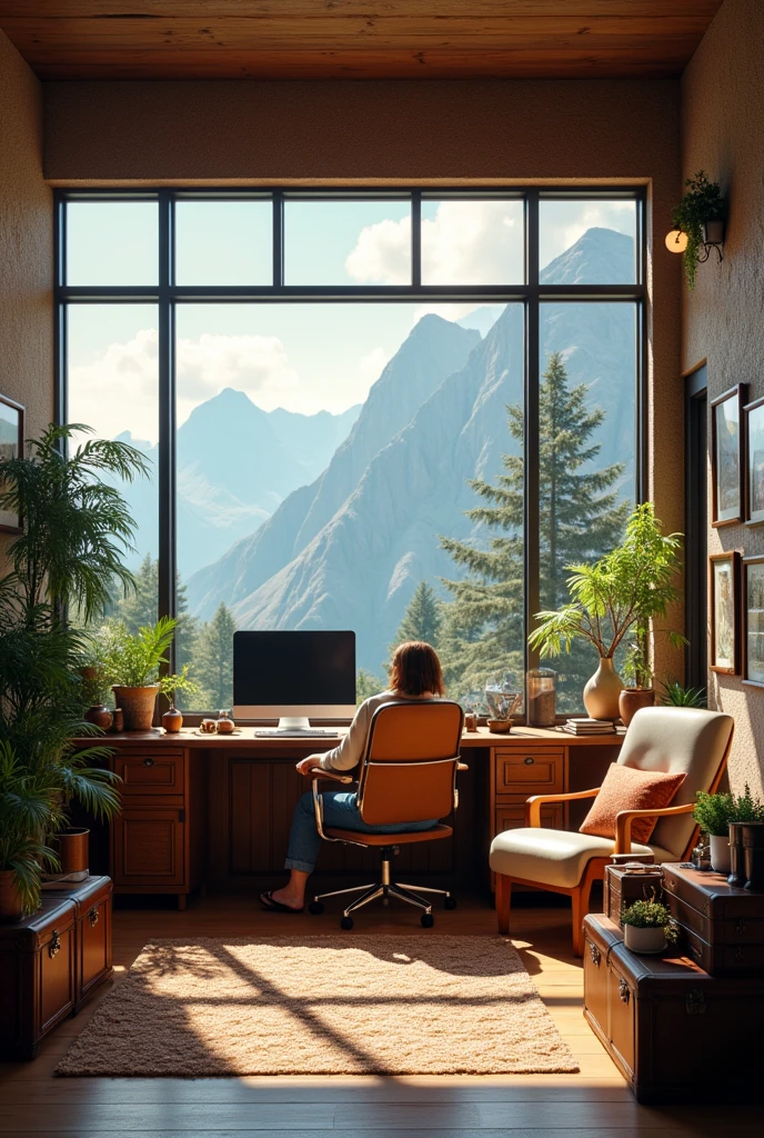 Generates an image of a travel agency premises inside with natural colors and photography of mountains, with good lighting and decoration, plus a desk with a computer