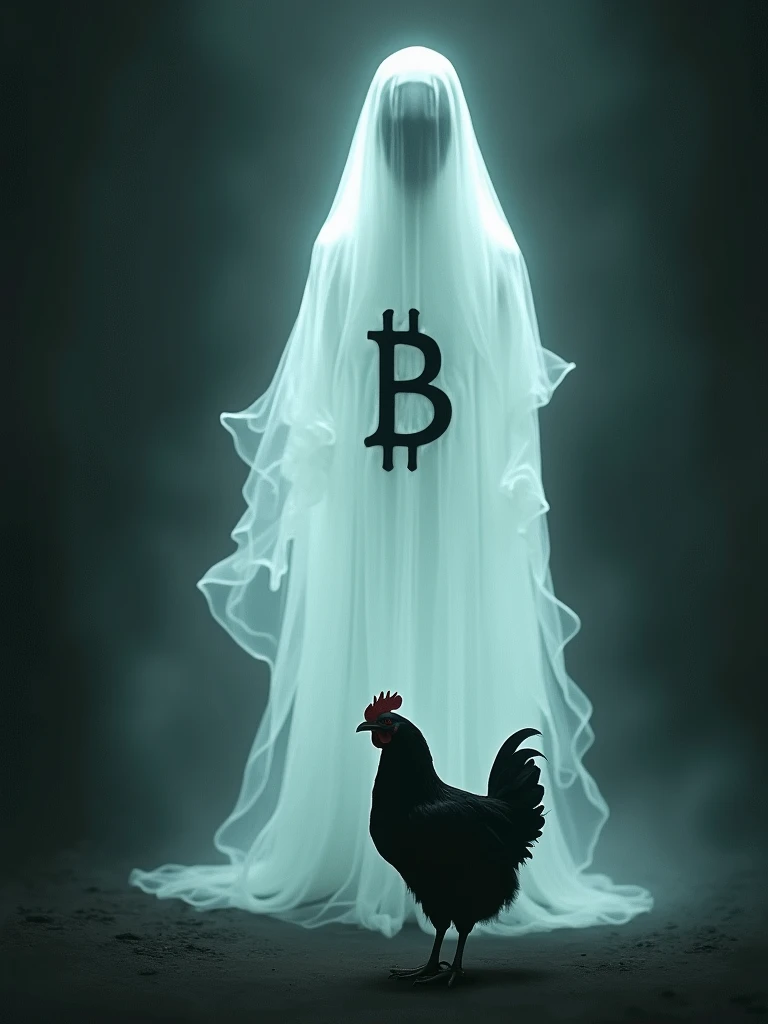 white ghost with the letter B on its chest calling a black chicken