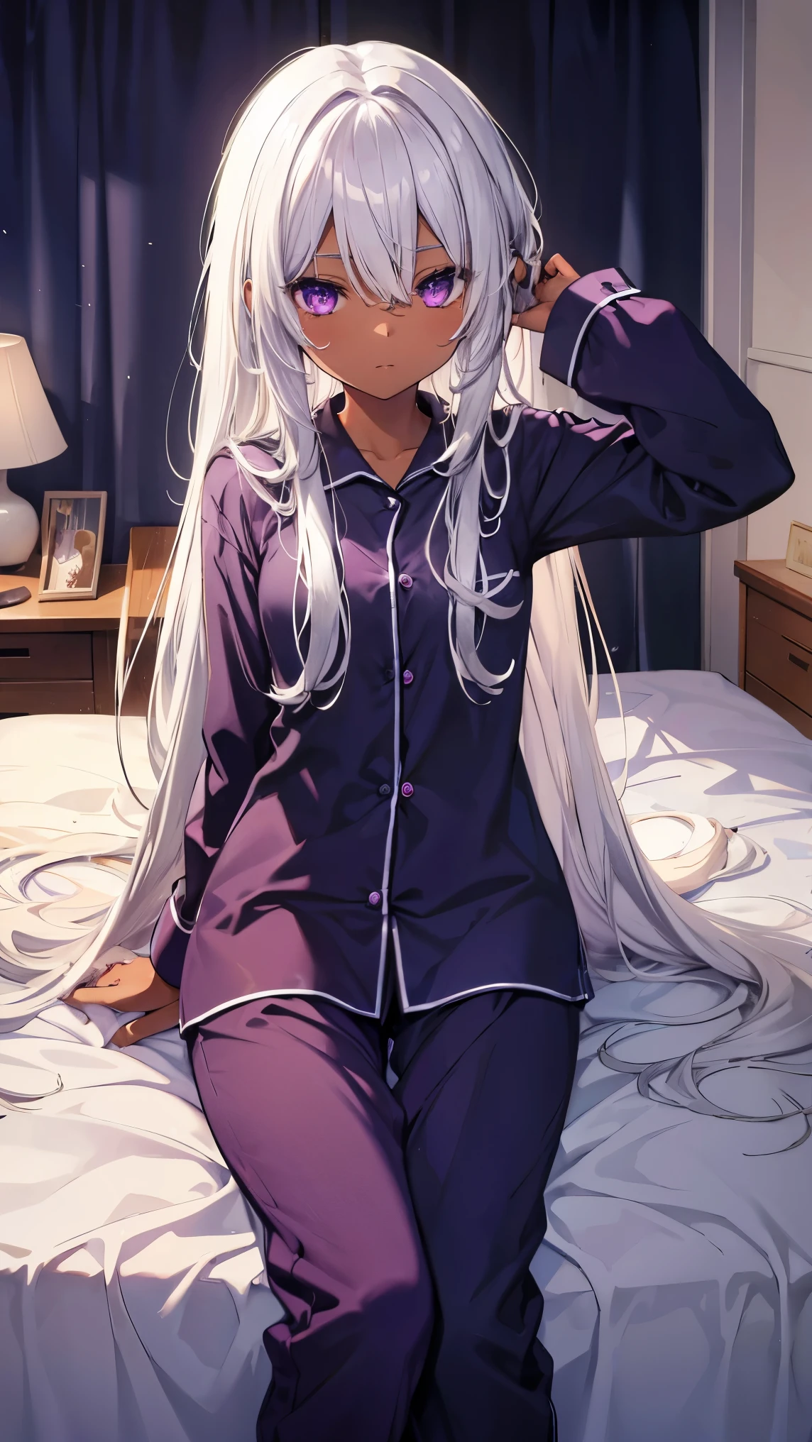 ,Highest quality,Silver Hair,Brown skin,Dark Skin,Sunburn,Purple Eyes,Very long hair,Straight Hair,Flat breasts,pajamas,Bedroom,On the bed,slender,Large stuffed animal