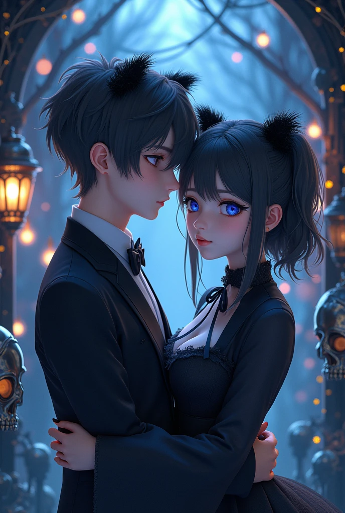 (Straight anime couple: 1.5, Dark style, Beautiful eyes, Small pieces, Fluffy black fur), (โกธิคdark, Victorian, Gothic, Steampunk style), dark, ambiente oscuro con decoraciones de calaveras 32K, fairy tale: 1.4, Camera cut: 1.4, ((An atmosphere of dreams, Soft light and magic:1.3)), ((Scenes of imagination)),((perfect, thoroughly.:1.3)), ((full shot: 1.4)), ((best quality)) , ((Masterpiece)), 3d, (There are too many details.: 1.3), ((Grand landscape: 1.3)), ((พื้นหลังnighttime: 1.3 ))), (((nighttime:1.2))), (realistic: 1,4), ((Front camera)),( (แสงภาพยนตร์nighttimeที่มีแสงน้อย: 1,2)). 32K.