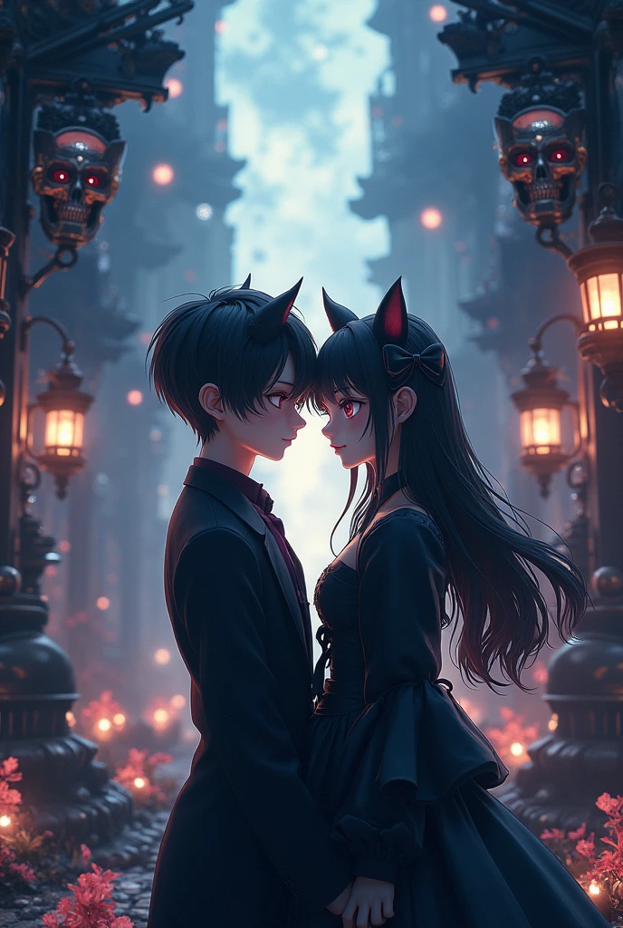 (Straight anime couple: 1.5, Dark style, Beautiful eyes, Small pieces, Fluffy black fur), (โกธิคdark, Victorian, Gothic, Steampunk style), dark, ambiente oscuro con decoraciones de calaveras 32K, fairy tale: 1.4, Camera cut: 1.4, ((An atmosphere of dreams, Soft light and magic:1.3)), ((Scenes of imagination)),((perfect, thoroughly.:1.3)), ((full shot: 1.4)), ((best quality)) , ((Masterpiece)), 3d, (There are too many details.: 1.3), ((Grand landscape: 1.3)), ((พื้นหลังnighttime: 1.3 ))), (((nighttime:1.2))), (realistic: 1,4), ((Front camera)),( (แสงภาพยนตร์nighttimeที่มีแสงน้อย: 1,2)). 32K.