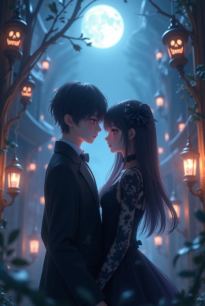 (Straight anime couple: 1.5, Dark style, Beautiful eyes, Small pieces, Fluffy black fur), (โกธิคdark, Victorian, Gothic, Steampunk style), dark, ambiente oscuro con decoraciones de calaveras 32K, fairy tale: 1.4, Camera cut: 1.4, ((An atmosphere of dreams, Soft light and magic:1.3)), ((Scenes of imagination)),((perfect, thoroughly.:1.3)), ((full shot: 1.4)), ((best quality)) , ((Masterpiece)), 3d, (There are too many details.: 1.3), ((Grand landscape: 1.3)), ((พื้นหลังnighttime: 1.3 ))), (((nighttime:1.2))), (realistic: 1,4), ((Front camera)),( (แสงภาพยนตร์nighttimeที่มีแสงน้อย: 1,2)). 32K.