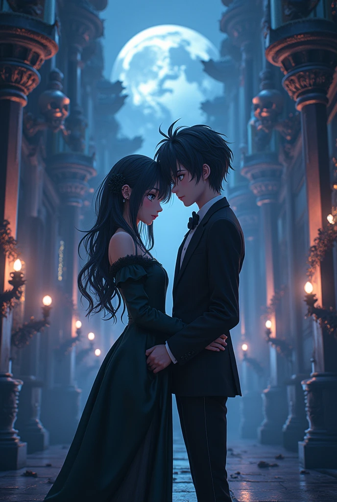 (Straight anime couple: 1.5, Dark style, Beautiful eyes, Small pieces, Fluffy black fur), (โกธิคdark, Victorian, Gothic, Steampunk style), dark, ambiente oscuro con decoraciones de calaveras 32K, fairy tale: 1.4, Camera cut: 1.4, ((An atmosphere of dreams, Soft light and magic:1.3)), ((Scenes of imagination)),((perfect, thoroughly.:1.3)), ((full shot: 1.4)), ((best quality)) , ((Masterpiece)), 3d, (There are too many details.: 1.3), ((Grand landscape: 1.3)), ((พื้นหลังnighttime: 1.3 ))), (((nighttime:1.2))), (realistic: 1,4), ((Front camera)),( (แสงภาพยนตร์nighttimeที่มีแสงน้อย: 1,2)). 32K.