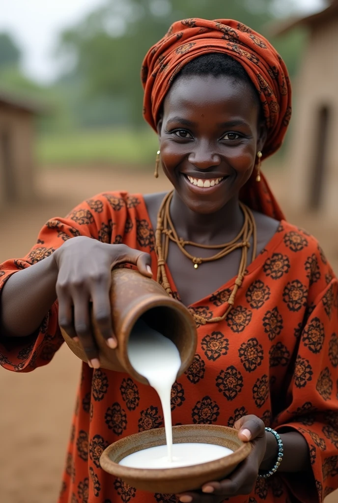 Jeune femme haoussa de 25ans souriant vus de face et renverssant du lait contenu dans une  calebasse africaine