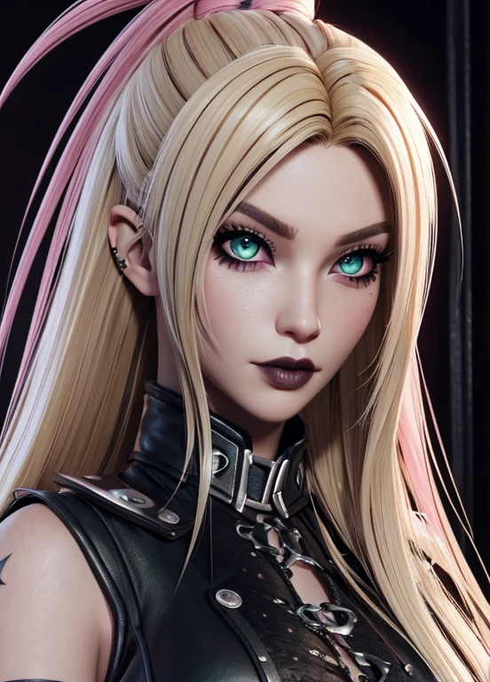 Cloud, long blonde hair, spiked hair, blue eyes,  solo,  sitting,  upper body,  black eyeliner,  looking at viewer,  lip gloss, black hair ribbon,   black dye, dark lipstick,   black choker,  serious, 
night,  industrial,  cyberpunk, 
(insanely detailed, beautiful detailed face, masterpiece, best quality)  <lora:Cloud:0.7>