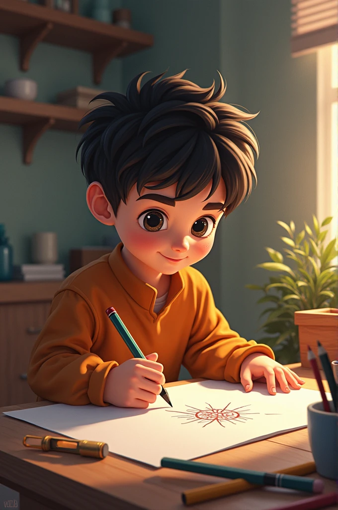 Boy sitting on a table drawing