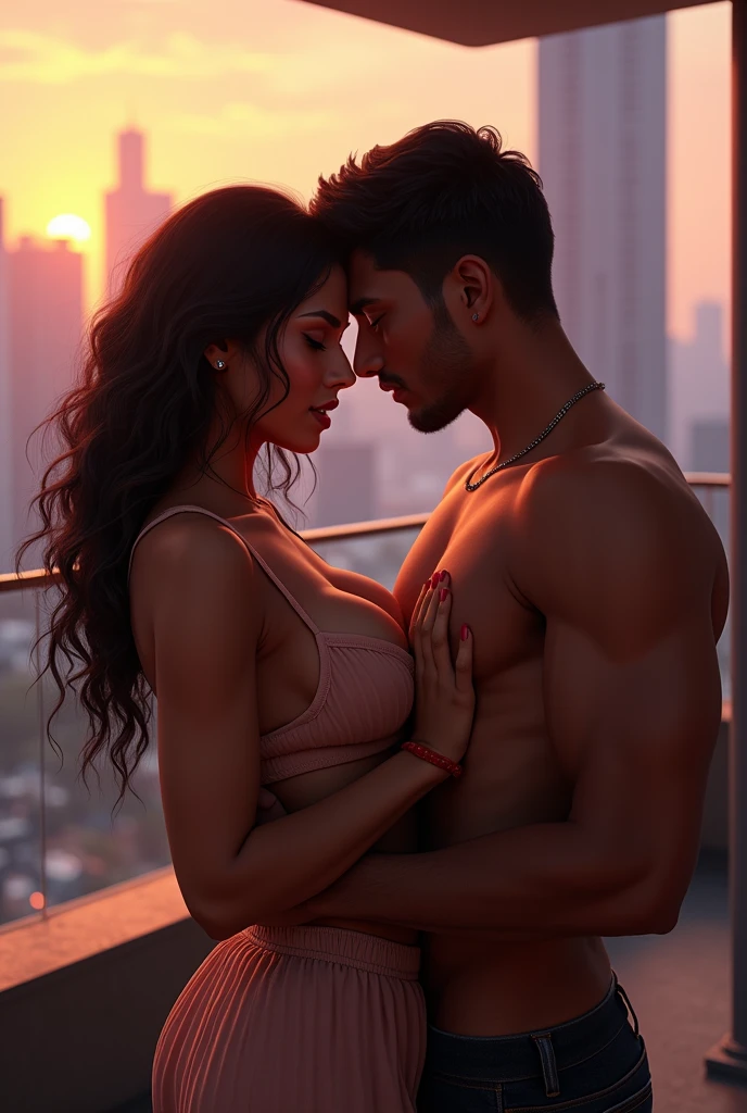 Indian woman and boyfriend having sex, nri in USA, in a cozy open terrace overlooking downtown, man grabbing breast from behind, man pinching breast, showing cleavage on oversized top, erotic thin top, transparent top, sexy facial expression, woman looking camera