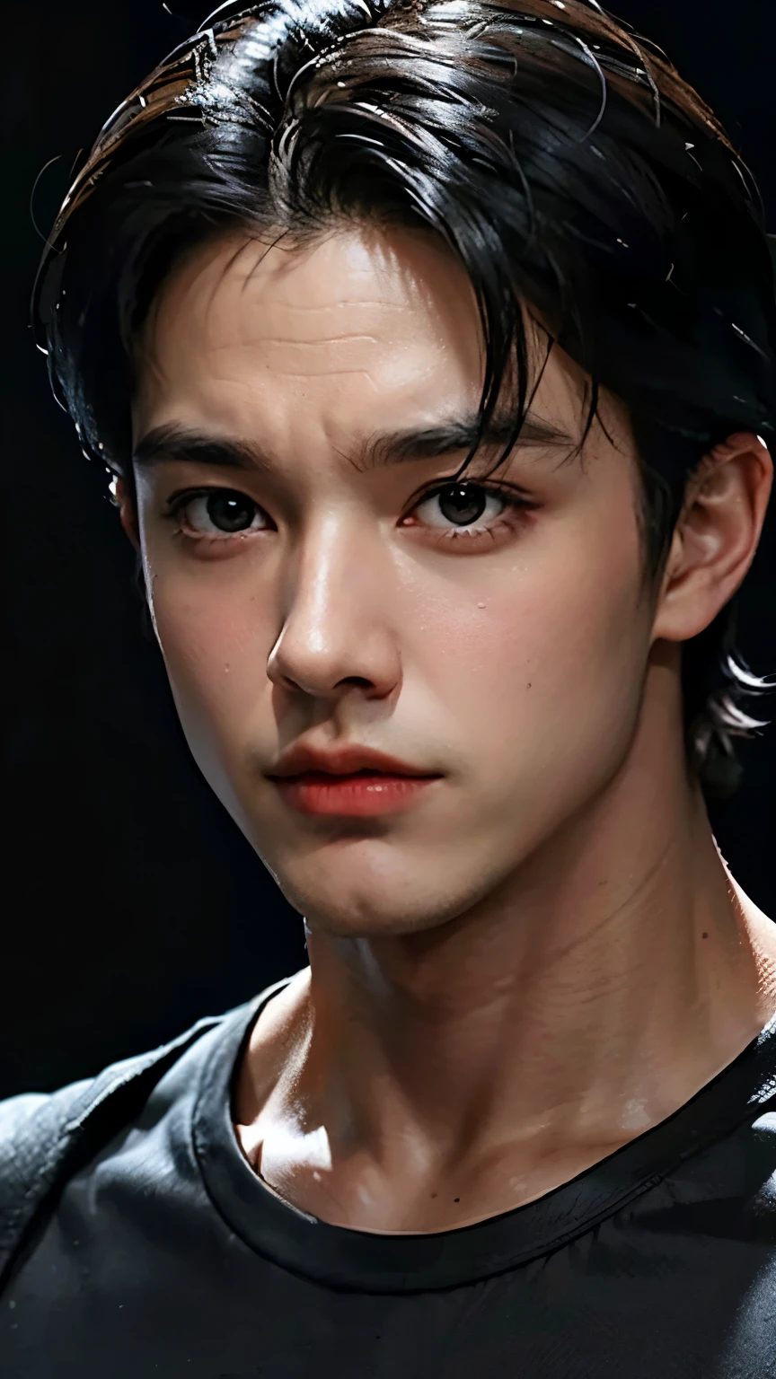 Young Bruce Wayne man black hair, big muscular body, black t-shirt, in dark room, close up face short